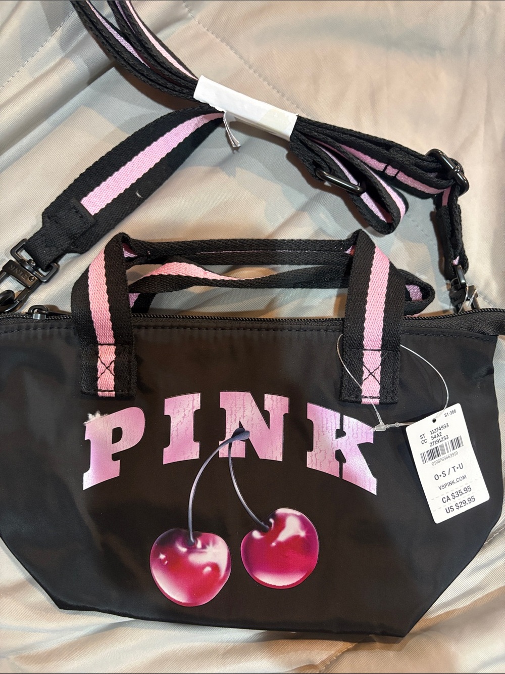 PINK Victoria's Secret Black Tote with Pink Logo & Cherry Graphic